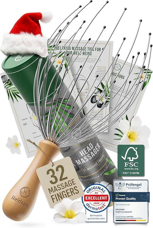 HELDSON® Premium Wire Head Massager Scalp Massage Tool - 32 Fingers Octopus Scratcher - Stress Relax Tickler - Hair Massagers Whisk - Headspa Equipment - Headscratcher Tickle Tools - Gift Men, Women