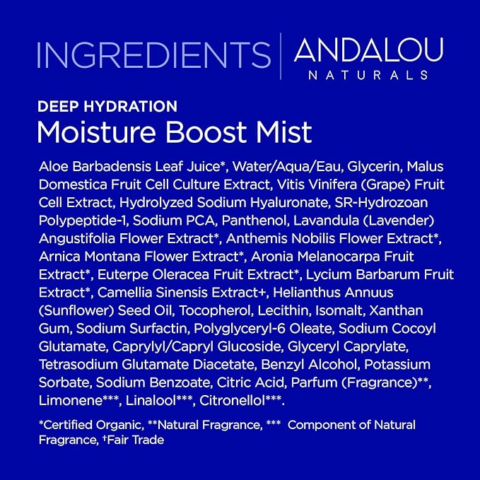 Andalou Naturals Face Mist, Moisture Boost Facial Spray with Hyaluronic Acid & Collagen, Hydrating & Moisturizing Skin Care for Dry and Dehydrated Skin, 6 fl oz