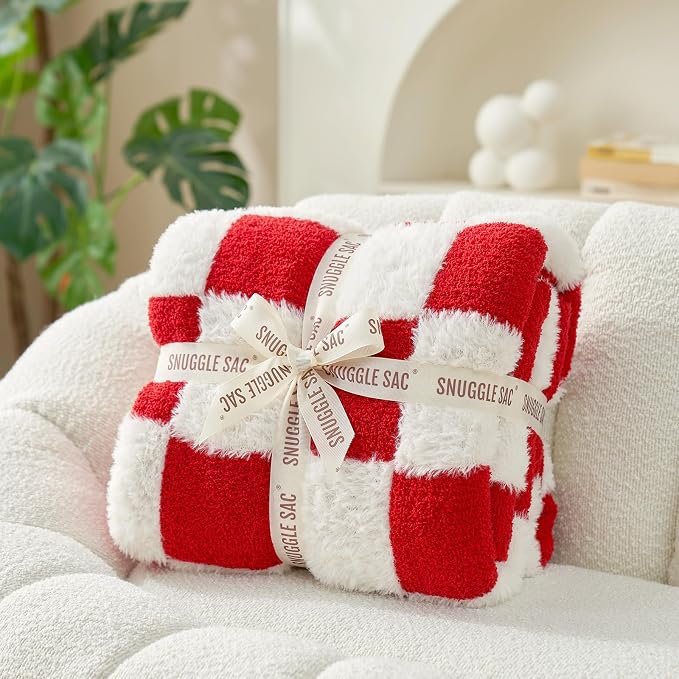 Snuggle Sac Red Checkered Blanket, Fluffy Faux Fur Ultra Soft Warm Microfiber Throw Blankets for Couch, Sofa, Chair, Bed, Red Checker, 50x60 inches