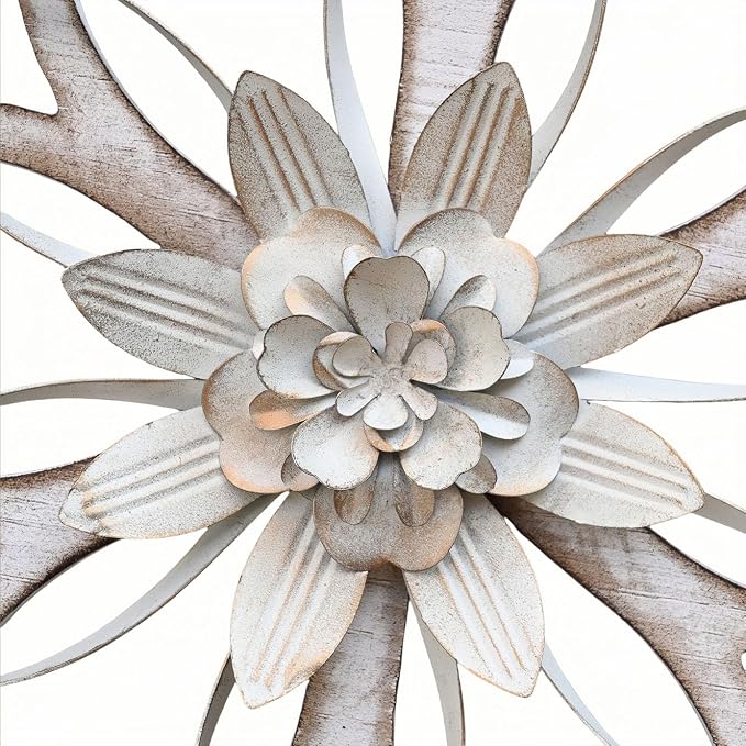 Remenna Metal & Wood Flowers Wall Decor, Rustic Wall Art Decoration Farmhouse Wall Decorations Multiple Floral Hanging Decor for Bathroom Living Room Home Office Garden Kitchen White 12inch