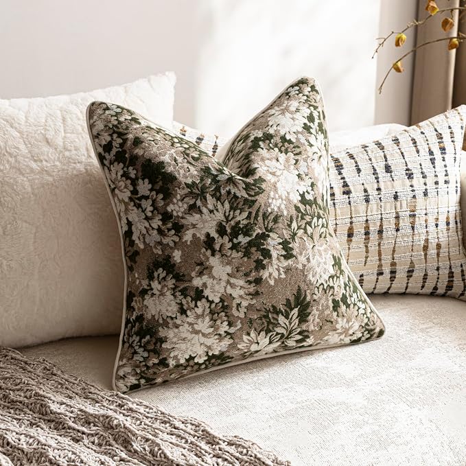 Pack of 2 Vintage Floral Throw Pillow Covers 16x16 Boho Farmhouse Accents Chenille Square Decorative Pillow Cases for Living Room Couch Bed Home Decor, Green and Taupe