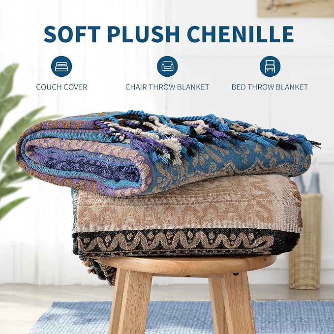 Boho Chair Cover Colorful Chenille Tassels Hippie Throw Blanket for Couch Bed Sofa Recliner Loveseat, Blanket for Bohemian Living Room Decor Purple(60"*75")
