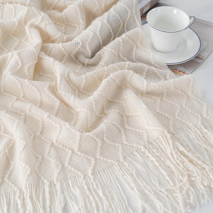 BATTILO HOME Ivory White Throw Blankets for Couch, Off White Lightweight Decorative Blankets and Throws, Boho Warm Knit Blanket for Men and Women, 50"x60"