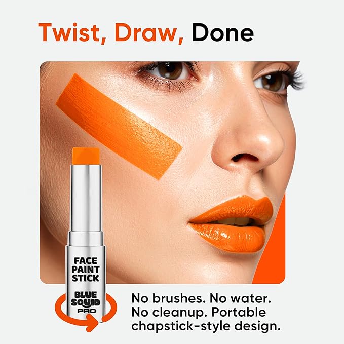 Blue Squid PRO Orange Face Paint Stick - Waterproof Body Paint for Adults & Kids Eye Black Baseball, Softball - Vegan Hypoallergenic Twist-Up Non-Toxic Makeup Stick for Cosplay, Sports & SFX