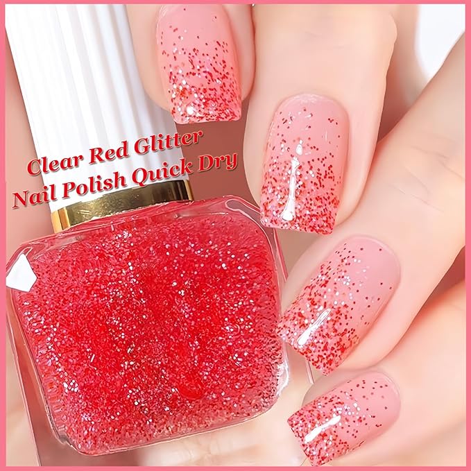 Red Glitter Nail Polish, Clear Base Sparkly Nailpolish with Red & White Glitter, 12ML Air Dry Gel Nail Polish No UV Needed, Transparent Sparkle Top Coat for Women Girls