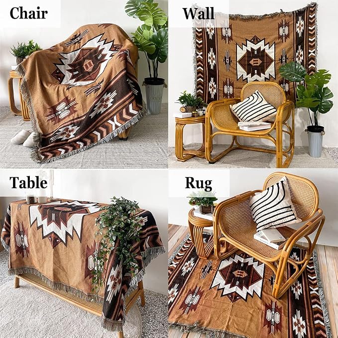 Aztec Throw Blanket Native American Blanket Southwestern Boho Decor Reversible Woven Tassels Mexican Blankets and Throws for Couch Bed Chair Wall Livingroom Outdoor Travel Brown 63"x87"