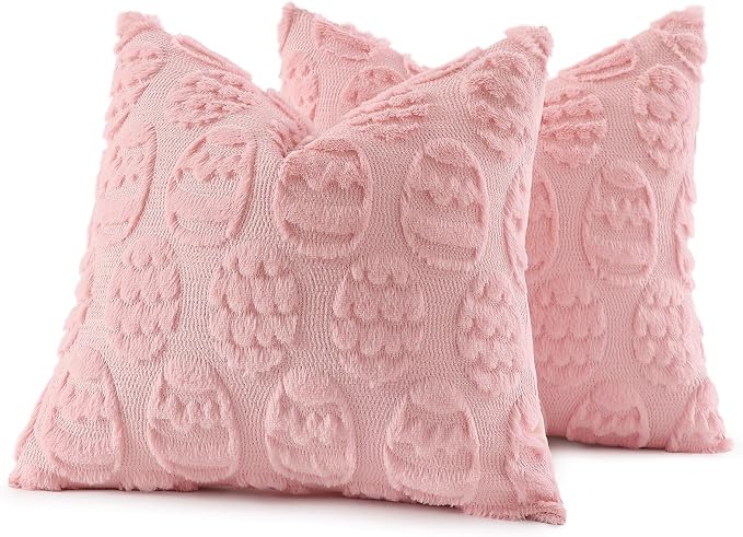 decorUhome Pink Faux Fur Egg Throw Pillow Covers 16x16 Set of 2 | Plush Soft Wool Jacquard Pink Cushion Covers, Modern Farmhouse Neutral Easter Holiday Decor Pillow Covers for Couch Sofa Bed