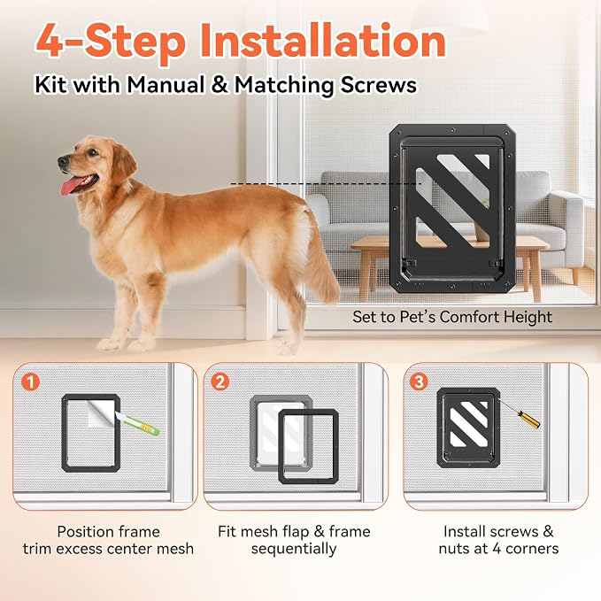 LIBBEPET Dog Door for Screen Door with Lockable Flap for Dog ≤50 lbs, Black | Outer Size 13"x17", Reinforced ABS Frame, Magnetic Auto-Reset Flap, Mosquito Resistant Brush, Scratch Resistant