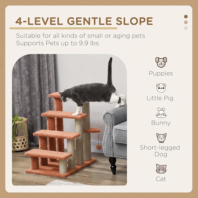 PawHut 4 Levels Cat Steps, Pet Stairs Carpeted Ladder, Kitten Tree Climber with Scratching Posts, Hanging Play Ball, Side Step, for High Bed, Sofa, Brown | Kitten Tree Climber, Scratching Posts, Hanging Play Ball, Side Step, for Sofa