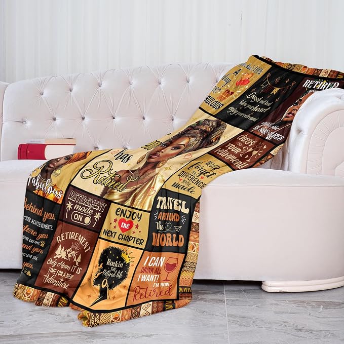 African American Retirement Gift for Woman Throw Blanket 50"X60", Best Retired Gifts for Women 2026, Afro Inspirational Gifts Idea for Retirement Coworker/Teacher/Nurse/Mom/Sister/Friend