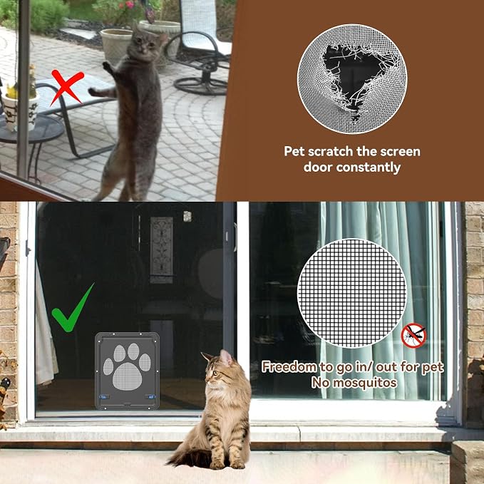 Small Dog Door for Screen Door, Cat Door 8"×10" Magnetic Flap Self-Closing, Pet Screen Door for Sliding Door, Puppy Doggy and Cat Door Built in Screen, Lockable, Black S