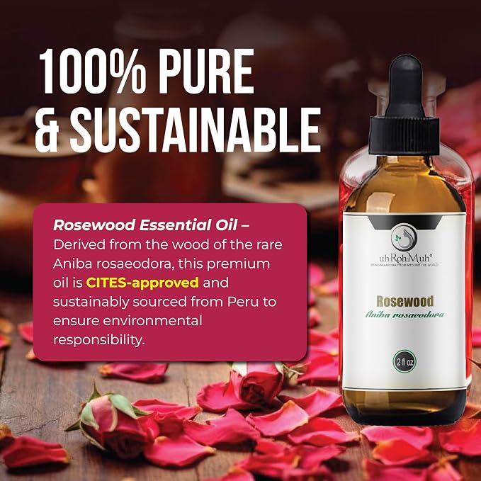 Rosewood Essential Oil (Bois de Rose) 100% Pure Steam Distilled Oil from Aniba rosaeodora Wood – Aromatherapy, Diffuser, Skincare, Massage, DIY Perfumes, Natural Fragrance | Peru | 2 Fl oz