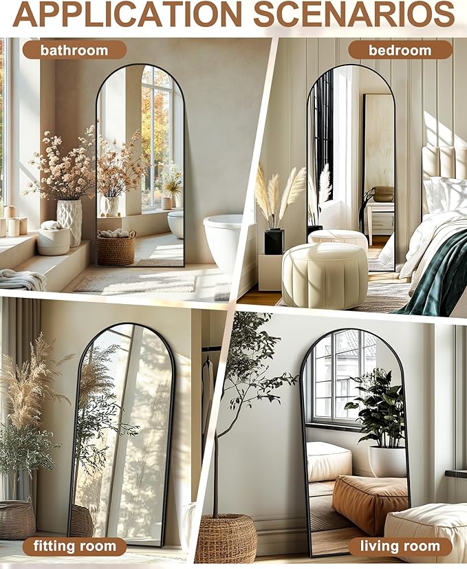 Arched Full Length Mirror with Stand, 70x30 Black Floor Mirror | Aluminium alloy frame with HD float glass for distortion-free reflection. Free standing or wall mounted.