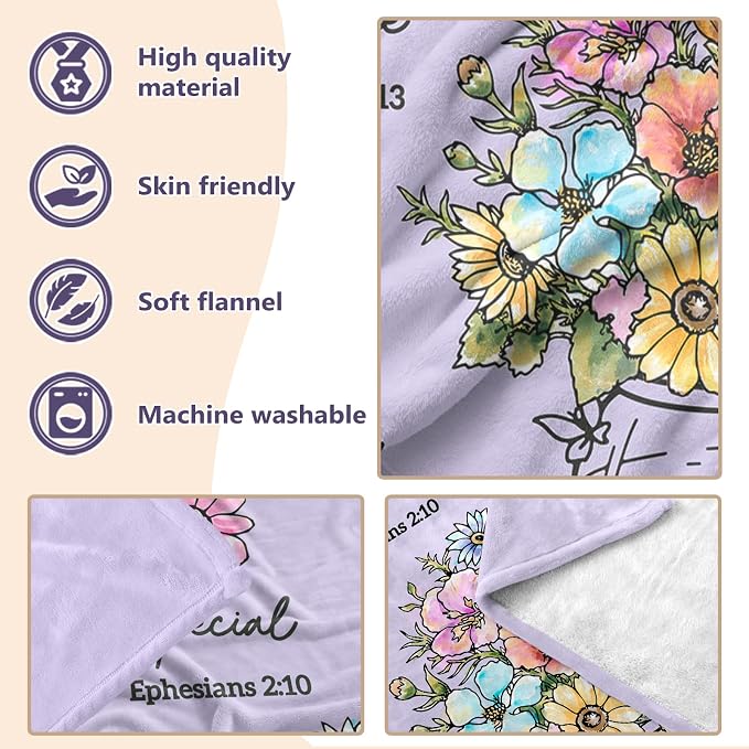 Christian Birthday Gifts for Women, Christian Religious Blanket with Flower | Birthday Gifts for Women, Spiritual Baptism Religious Gifts for Sister Mom Daughter Grandma, Throw Blankets(Purple)80''x 60''