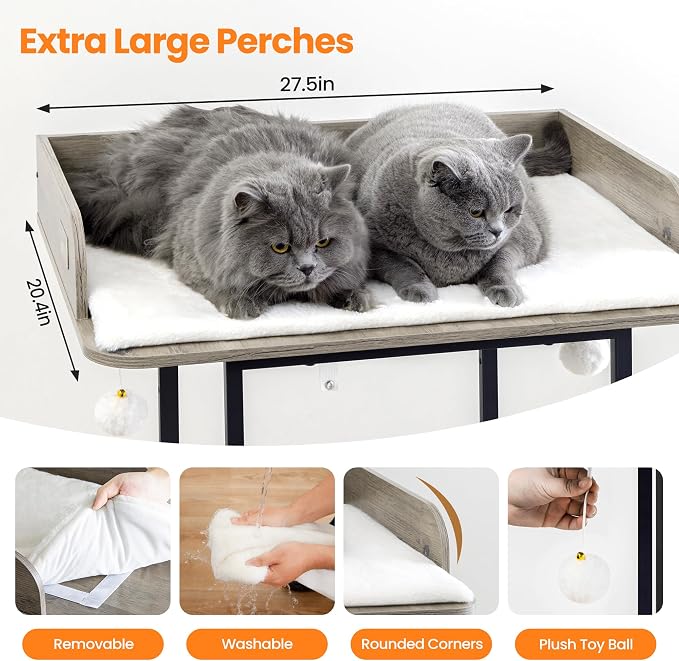 48in Wood Modern Cat Tree for Large Indoor Cats with Big Perch Bed | Multi-Level Climbing Design, Cat Cando, Sisal Scratching Posts and Board, Removable Washable Pads, Stable Greige