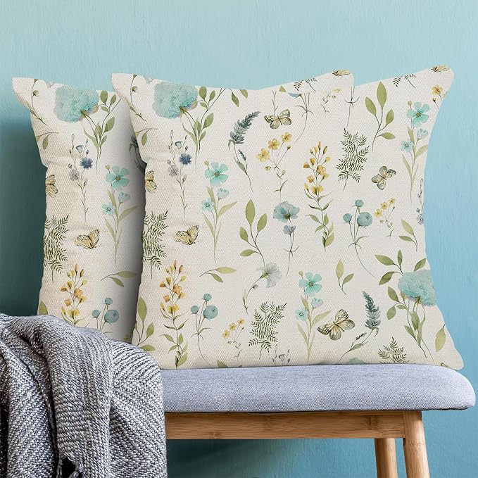 Spring Pillow Covers 16x16 Inch Set of 2, Aqua Teal Sage Green Wild Flower Throw Pillows Case,Colorful Seasonal Floral Plant Outdoor Decorative Farmhouse Decor Cushion Covers for Sofa Bed Couch