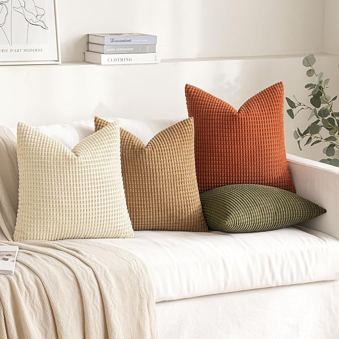 MIULEE Farmhouse Decorative Pillow Covers 16x16 Inch Set of 4 Brown Green | Modern Natural Rustic Throw Pillows, Neutral Warm Soft Corduroy Couch Pillowcases, Home Decor for Sofa Living Room Bed