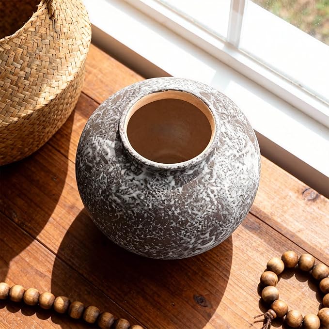 Rustic Ceramic Vintage Farmhouse Vase for Decor (Small Brush Black) | 8.8'' Textured Stone Vase Home Decor, Decorative Terracotta Round Clay vase for Living Room, Table, Shelf, Kichen Décor