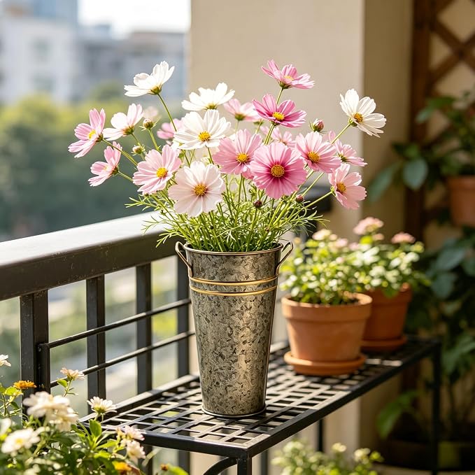 Hosley Set of 2 Zinc Finish Bucket/Pot Vase with PVC Liner, 5" Dia x 9" H Ideal Gift for Floral Arrangements Wedding Home Office Party DIY Indoor Outdoor Garden Patio