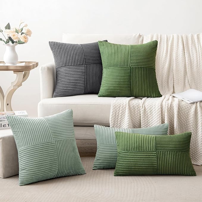 MIULEE Greyish Green Decorative Throw Pillow Covers for Couch 20x20 Inch | 2 Pack, Boho Farmhouse Pillow Covers, Soft Cross Corduroy Patchwork Textured Cushion Cases For Bed Sofa
