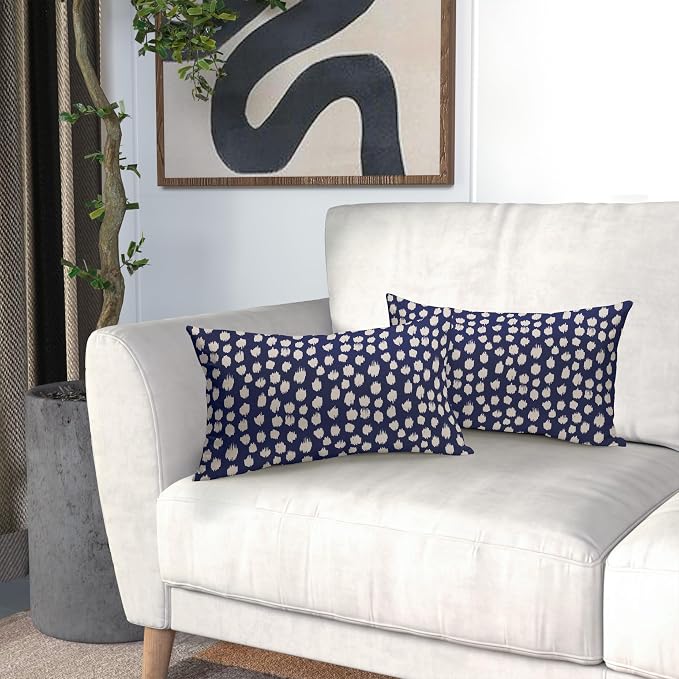 Navy Blue Cream Dots Lumbar Pillow Covers 12x20 Set of 2 Boho Design Polka Dot Print Throw Pillows Modern Outdoor Decorative Pillowcase Rectangle Linen Cushion Cases Decor for Sofa Couch Bed