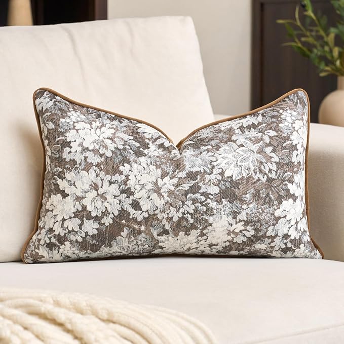 Alerfa Brown Neutral Floral Pillow Cover 12 x 20 Inch, Vintage Chenille Rectangle Couch Pillow Cover Soft Decorative Farmhouse Accent Pillowcase for Living Room Bedroom
