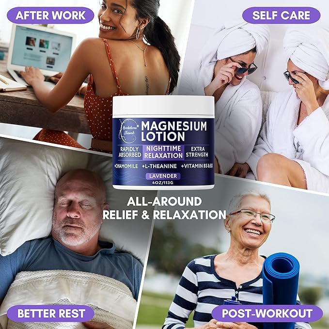 Nighttime Magnesium Lotion for Sleep | Lavender Magnesium Cream with L-Theanine & Chamomile | Topical Cream for Relaxation Adults & Kids | Non-Greasy, Vegan, Made in USA | 4oz by Brookethorne Naturals