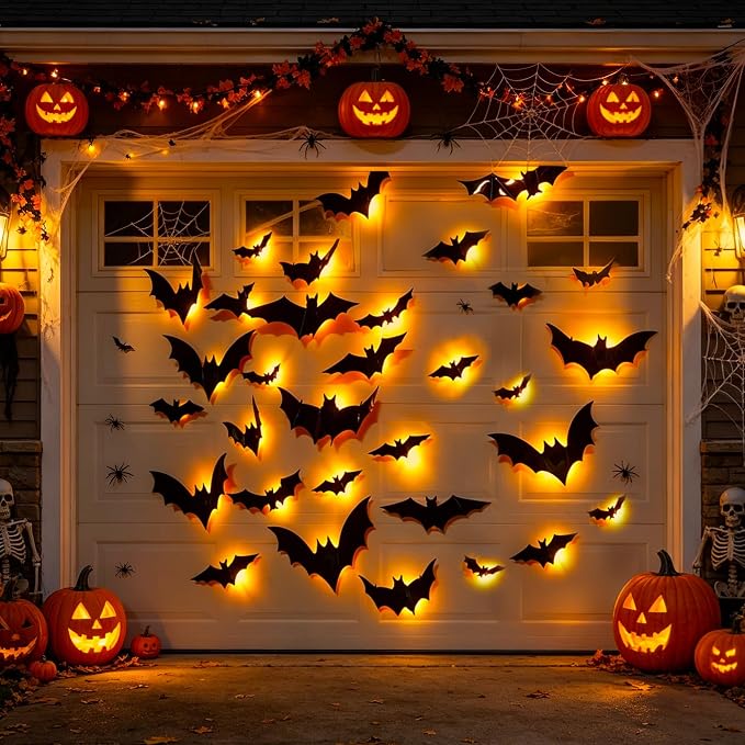 DR.DUDU 36 Pack Light Up Bats Halloween Decorations, Orange | 3D, LED Lights, Wall Decor, Removable Bat Stickers, Indoor Outdoor Window Bathroom Garage Door Home Party Use