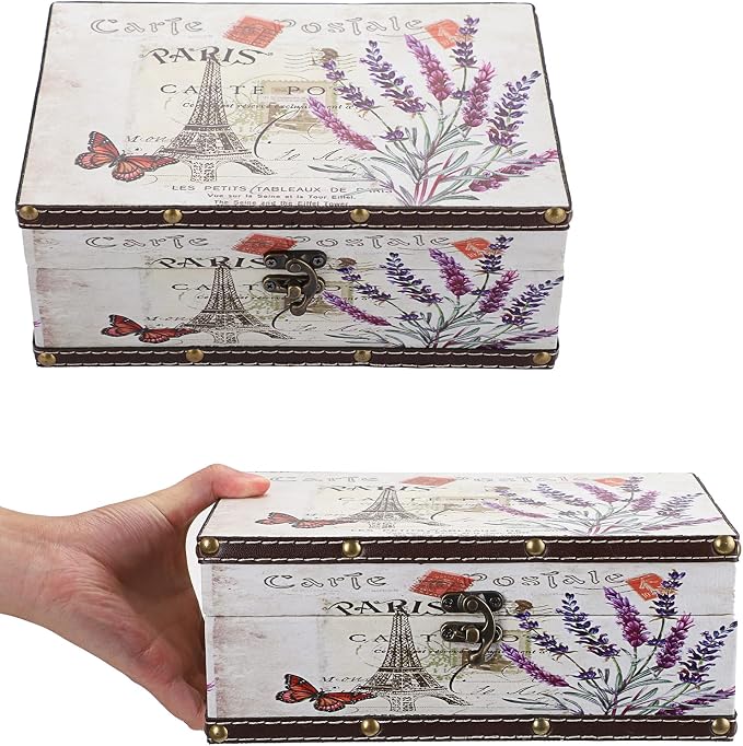 Hipiwe Chest Treasure Box Vintage Wooden + PU Leather Jewelry Boxes | Decorative Trinket Memento Case Box Keepsake Boxes Gifts Home Decor (Lavender)