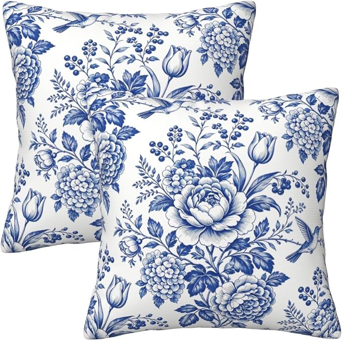 Blue White Chinoiserie Floral Throw Pillow Covers 18x18 Set of 2 Farmhouse Decorative Cushion Cases Home Decor