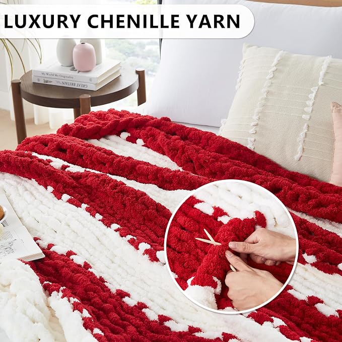 L'AGRATY Chunky Knit Throw Blanket for Couch, 80 x 90 Inches, Red White | Handmade Chenille Crochet Blanket for Sofa Bed, Thick Cable Knitted Blankets for Room Home Decor, Birthday Gift for Women Mom