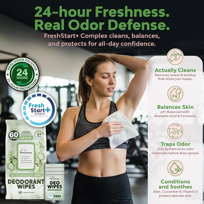 XL Deodorant Wipes for Women - 60 Ct. + 4 Travel Body Wipes Individually Wrapped - 8"x8" Odor Eliminator Towelettes for Underarm, Body, Feet - pH Balanced Armpit Smell Remover for Gym & Post Workouts