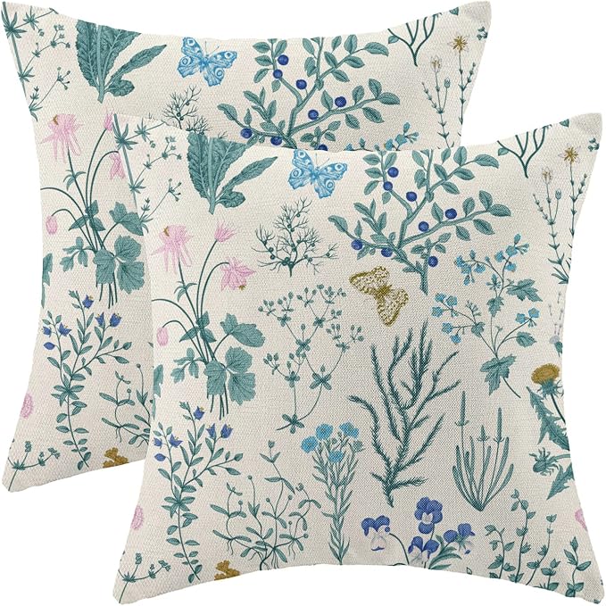 AEIOAE Spring Pillow Covers 20x20 Inch Set of 2,Blue Teal Wild Flower Plant Throw Pillows Case,Seasonal Floral Outdoor Decorative Square Linen Farmhouse Decor Cushion Covers for Home Sofa Bed Couch