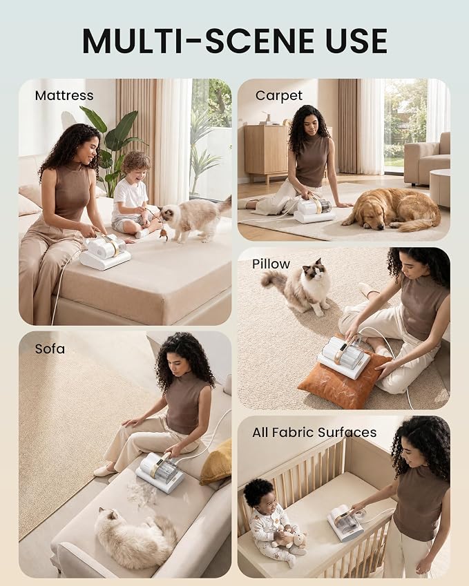HEAPETS Mattress Vacuum Cleaner, 16Kpa Bed Vacuum with 275nm UV-C Light & 149℉ Heat & Ultrasonic, Dual High-Speed Roller Brushes & H13 HEPA Filter for Pet Hair, Bed, Sofa, Couch, Corded White