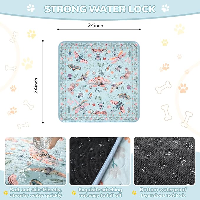 Lahome Washable Reusable Pee Pads for Dogs - Blue Butterfly & Insect Print 2 Pack Puppy Pads, Super Absorbent & Waterproof Training Mats for Crate & Floor - Leakproof with Non-Slip Backing (24"x24")