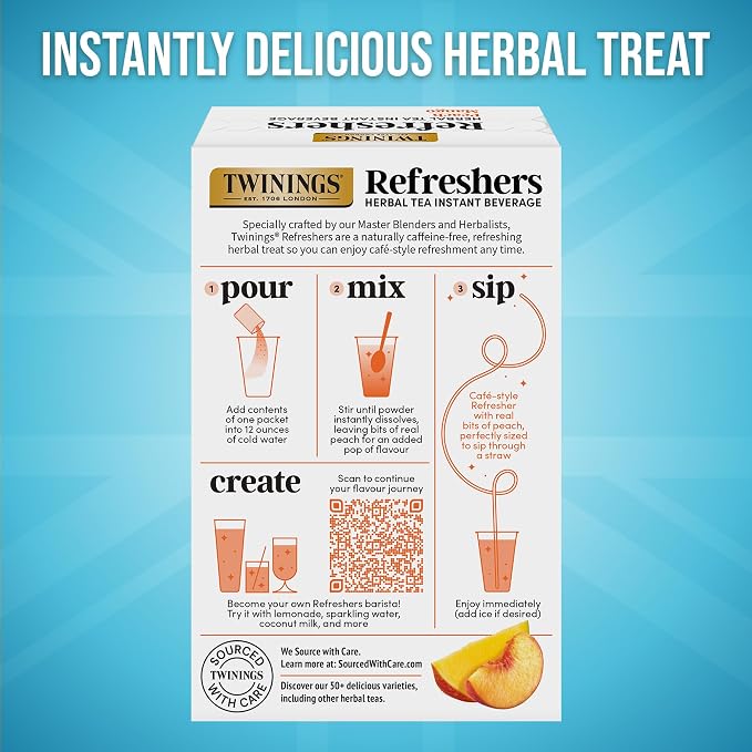 Twinings Peach Mango Refreshers, Herbal Tea Instant Beverage with Real Peach Fruit Bits, 5 Count (Pack of 6), Café Style, No Artificial Sweeteners, Naturally Caffeine-Free Refreshment, 30 Packets