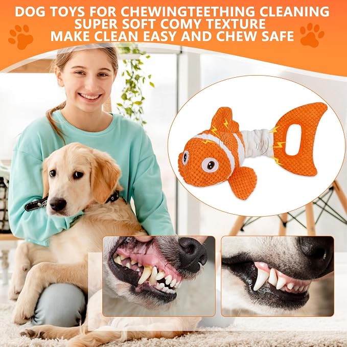 Squeaky Clownfish Dog Toy, Plush Crinkle Tug Toy with Handle