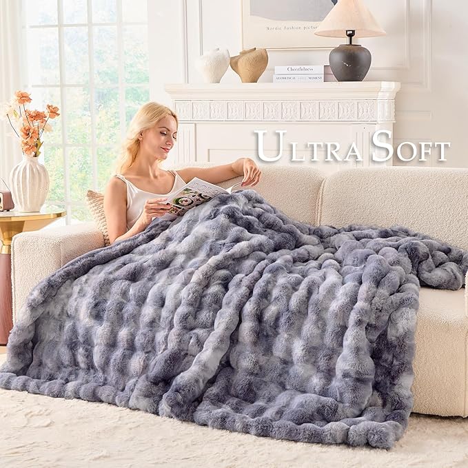 BENVWE Fluffy Faux Fur Throw Blanket for Couch - Soft, Plush, Thick, Cozy, Fuzzy Luxury Bubble Blanket for Home Living Room Decor, Gifts for Women, Tie-dye Light Grey, 51" x 63", 1100GSM