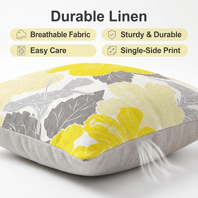 COMMINY Yellow Gray Linen Pillow Covers 18x18 Set 6 Farmhouse Throw Cover | Daisy Dhalia Cushion Cover, Standard Throw Pillow Size, Breathable Linen, Couch Sofa Bedroom, Fall Summer Decor