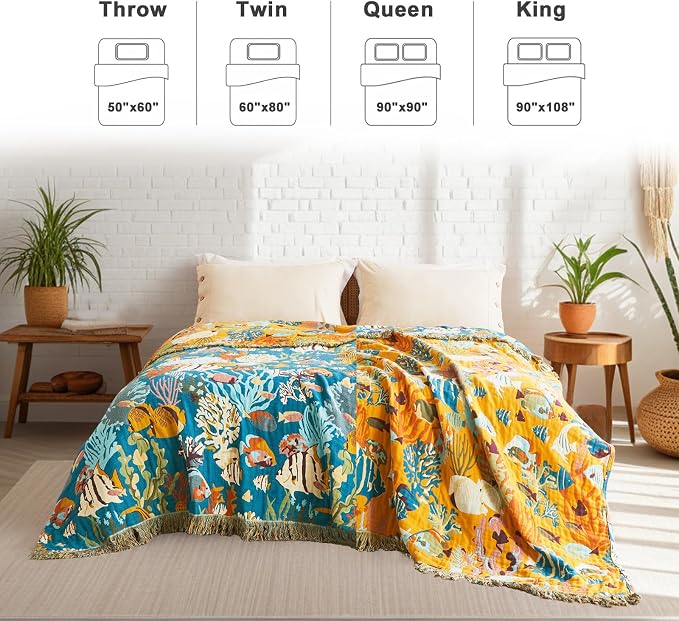 LUTBM Boho Throw Blanket for Couch 50"x60", Cotton Decorative Bed Throw | Underwater Ocean Life Jacquard, All-Season Muslin Blankets, For Chair Sofa Living Room Decor, Lightweight & Breathable Gauze