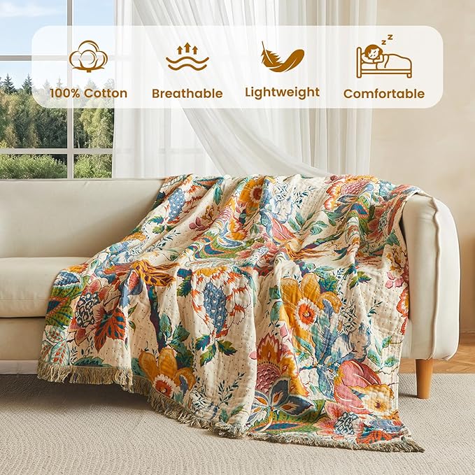 MSGKV Boho Throw Blanket 50"x60" 100% Cotton Vine Blanket for Couch Bed | Super Soft Muslin, Everyday Comfort, Breathable, Lightweight, Farmhouse Decor, All Seasons, Machine Washable, Cozy Comfort