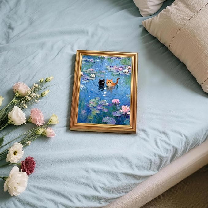 ICHZUMW Gold Framed Funny Cats Monet Water Lilies Canvas Wall Art, 8x10 In | Quirky Black and Orange Cats, Humorous Bathroom Wall Decor, Bedroom Restroom Powder Room, Fade Resistant, Ready to Hang