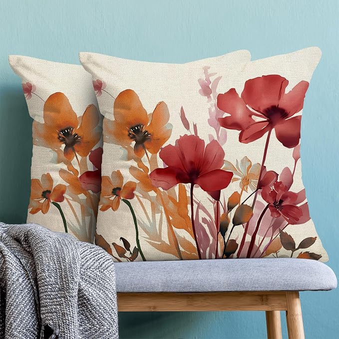 Floral Pillow Covers 18x18 Inches Set of 2 Burgundy Red Orange Floral Throw Pillow Covers Outdoor Rustic Flower Decoration Pillowcase Farmhouse Decorative Cushion Cover for Home Sofa Couch