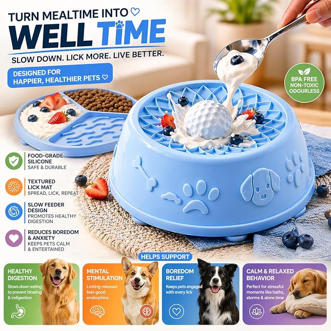 Slow Feeder Dog Bowls with Rolling Ball & Lick Mat for Dogs, Interactive Dog Enrichment Toy, Anti-Slip Puzzle Feeder for Yogurt, Bone Broth & Wet Food, Slow Eating Bowl for Small, Medium & Large Dogs