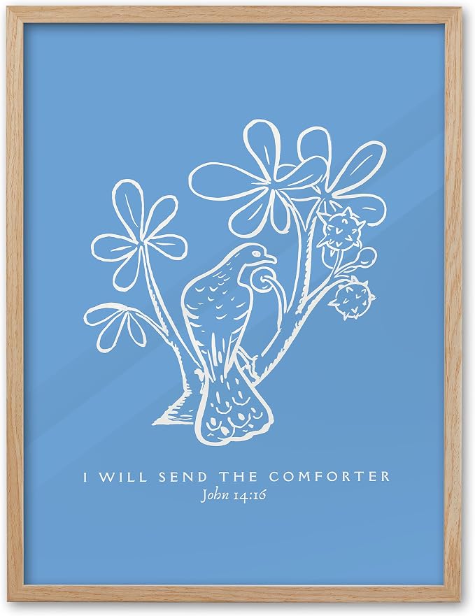 EcoHest 12x16 in John 14:16 I Will Send The Comforter Christian Wall Art | Natural Oak Wood Frame，Canvas Wall Art, Bible Verse Holy Spirit Floral Decor for Bedroom, Living Room, Office, Church, 1Pack