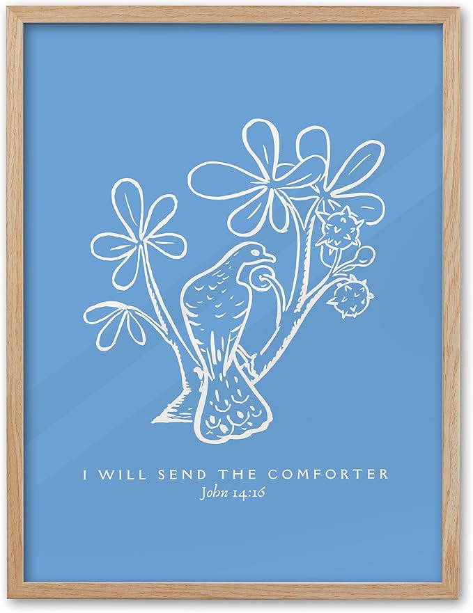 EcoHest 16x20 in John 14:16 I Will Send The Comforter Christian Wall Art | Solid Oak Wood Frame， Canvas Wall Art, Bible Verse Holy Spirit Floral Decor for Bedroom, Living Room, Office, Church, 1Pack