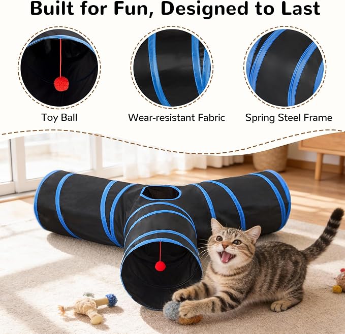 Tempcore Cat Tunnel, 3-Way Collapsible Toy, Large Size Black & Royal Blue