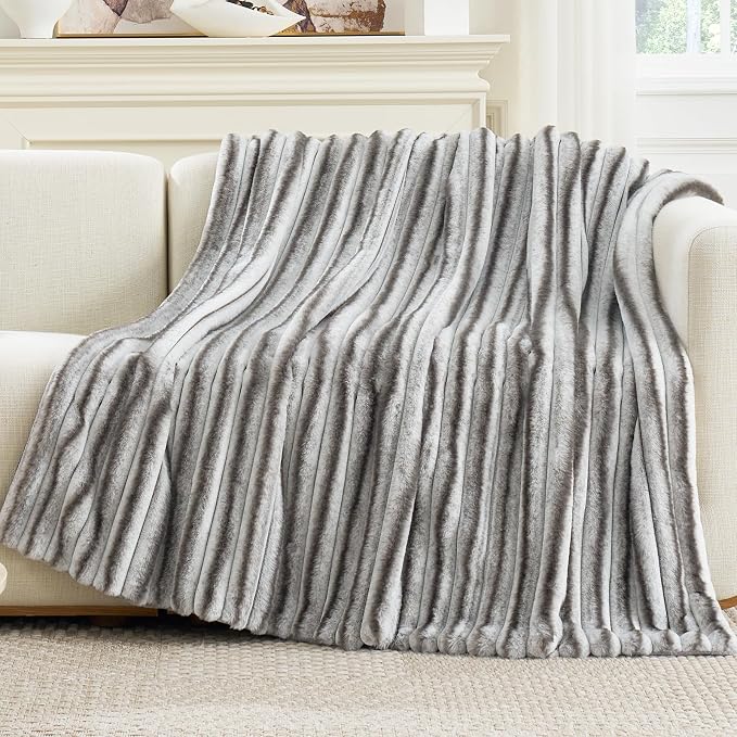 Cozy Bliss Faux Fur Throw Blanket for Couch, Cozy Warm Plush Striped Blanket for Sofa Bedroom Living Room,50 * 60 Inches Grey