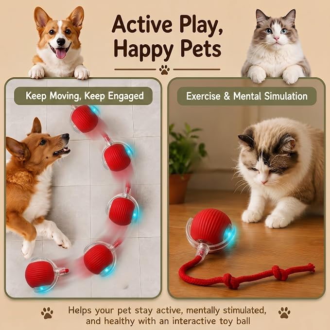 Interactive Cat Toy Automatic Moving Ball, Indoor Cats, Rechargeable, Red
