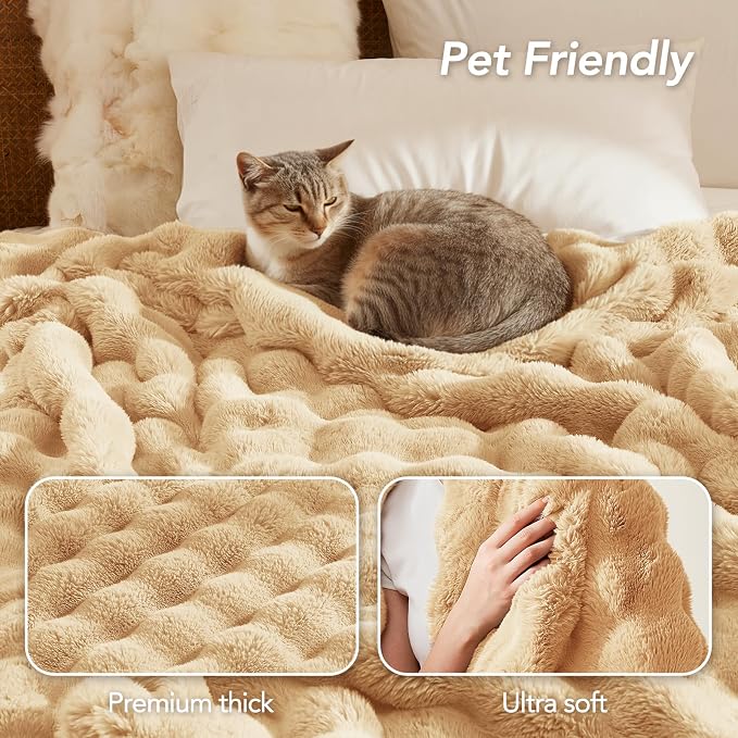 L'AGRATY Faux Rabbit Fur Throw Blanket for Couch, 60''x80'', Milk Tea Brown | Soft Cozy Bubble Fluffy Blanket for Sofa Bed, Thick Warm Plush Fuzzy Throw for Room Home Decor, Luxury Gift for Women Mom